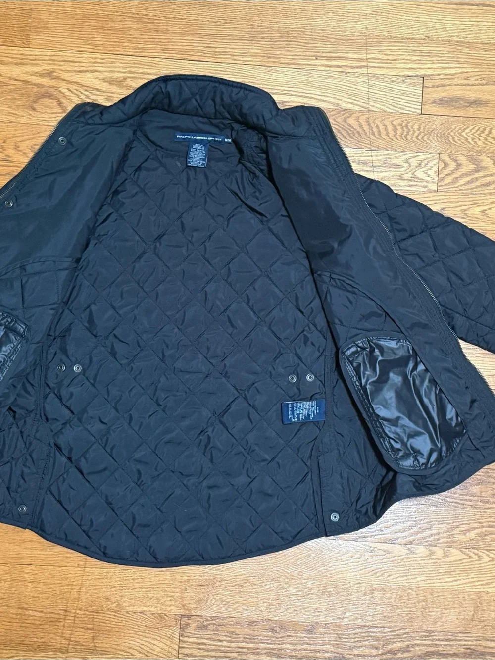 Ralph Lauren Sport Black Diamond-Quilted Riding Jacket w/Embroidered Crest Logo